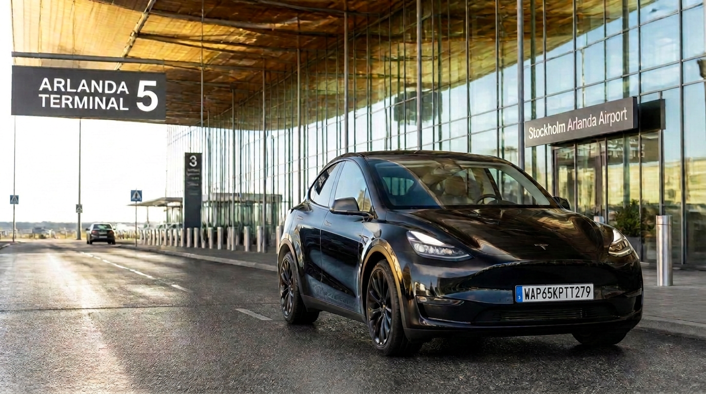 Black Tesla Model Y waiting at the Stockholm Arlanda Terminal 5 chauffeur pickup area