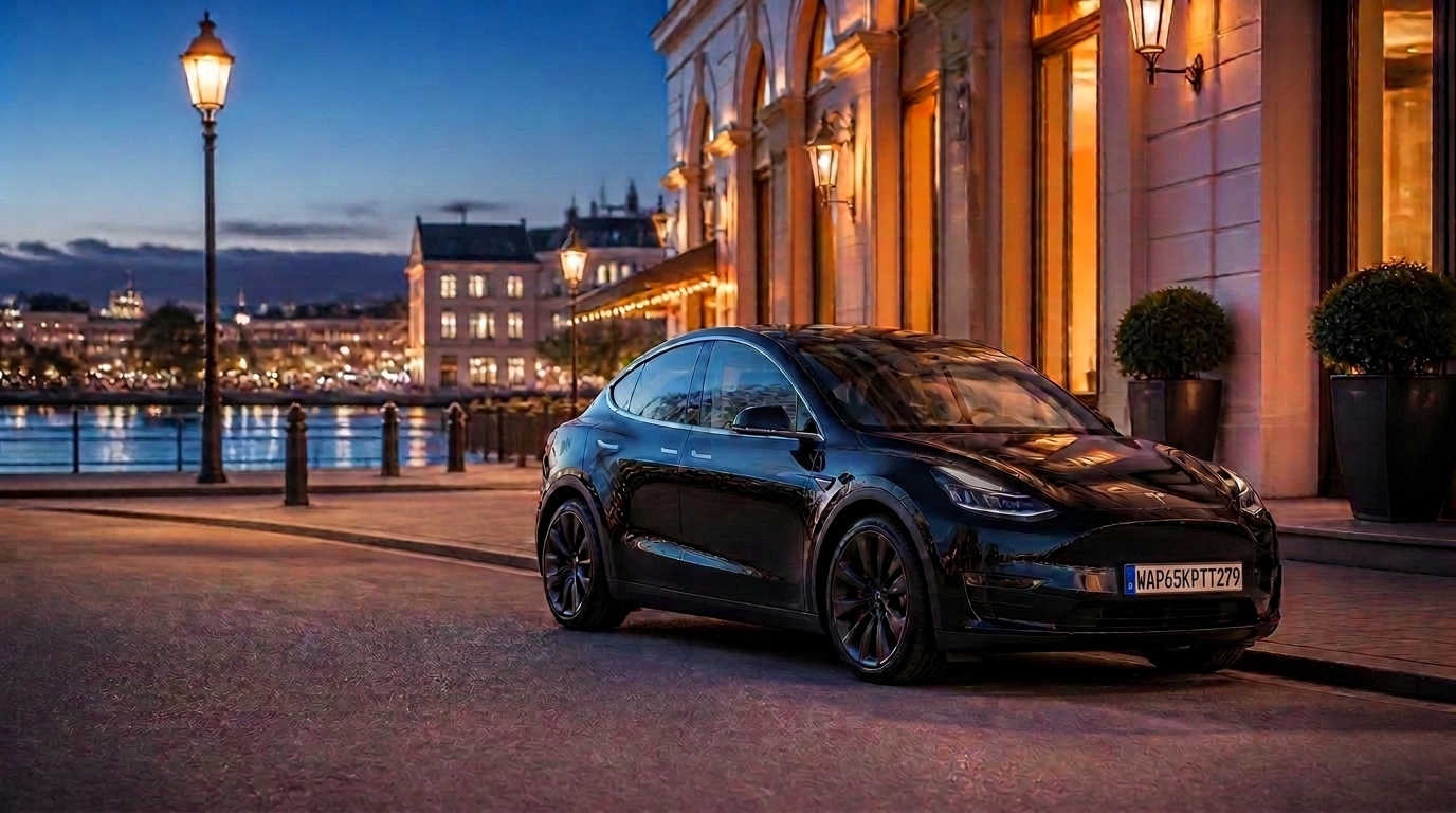 Black Tesla Model Y chauffeur car on an elegant Stockholm street at golden hour