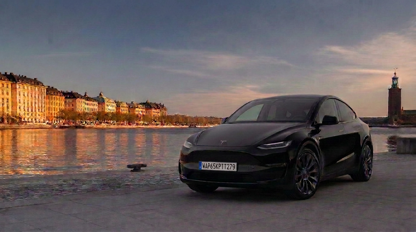 Black Tesla Model Y on a Stockholm waterfront quay with warm golden reflections on the water