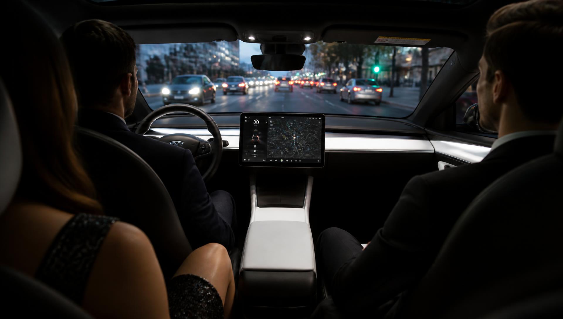 Interior of a black Tesla Model Y with a chauffeur driving and elegant passengers in the rear seats