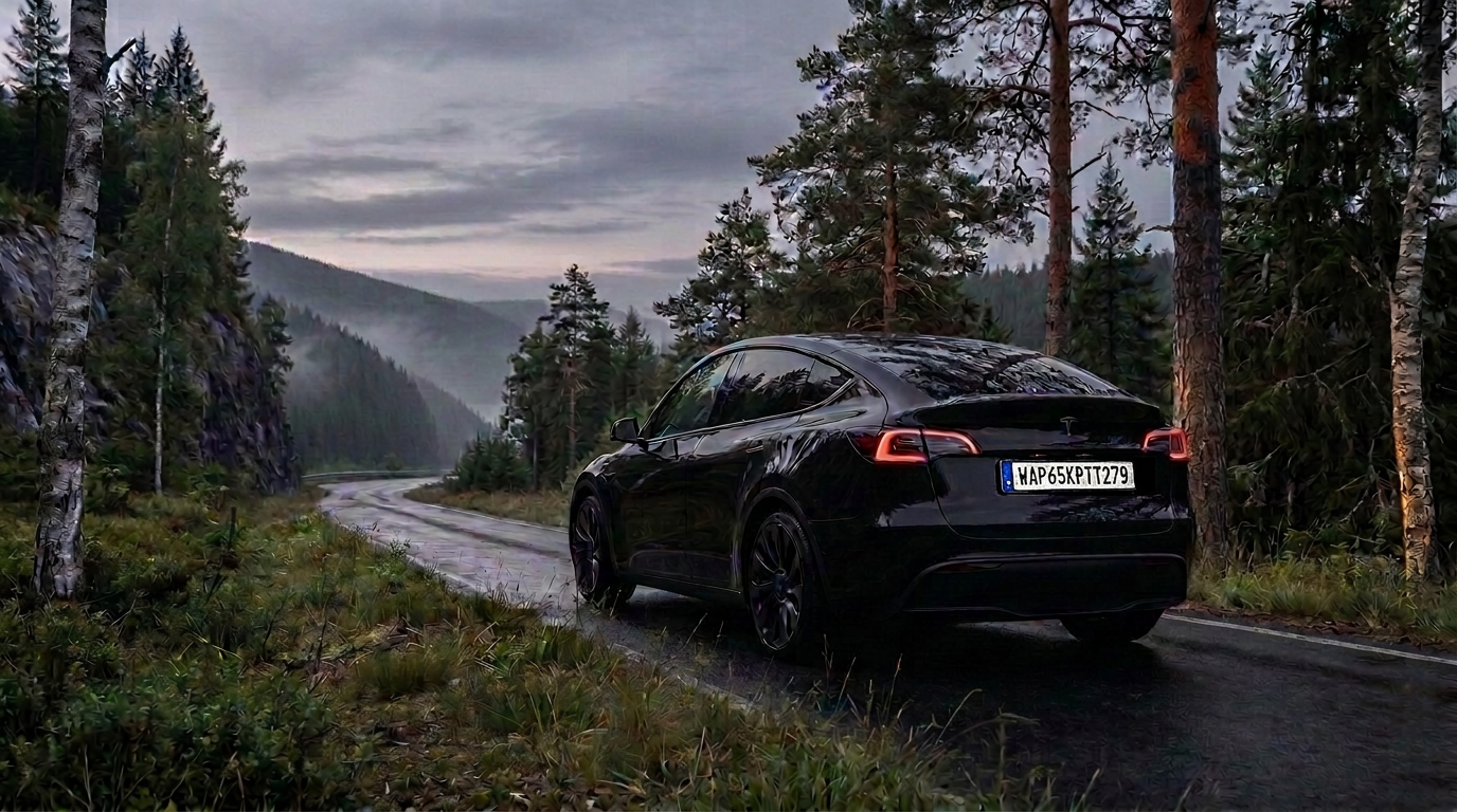 Black Tesla Model Y parked on a Nordic forest road at dusk