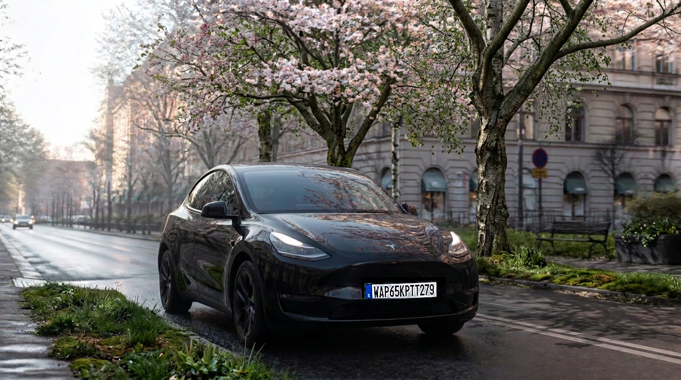 Black Tesla Model Y on a Stockholm boulevard under blossoming spring trees