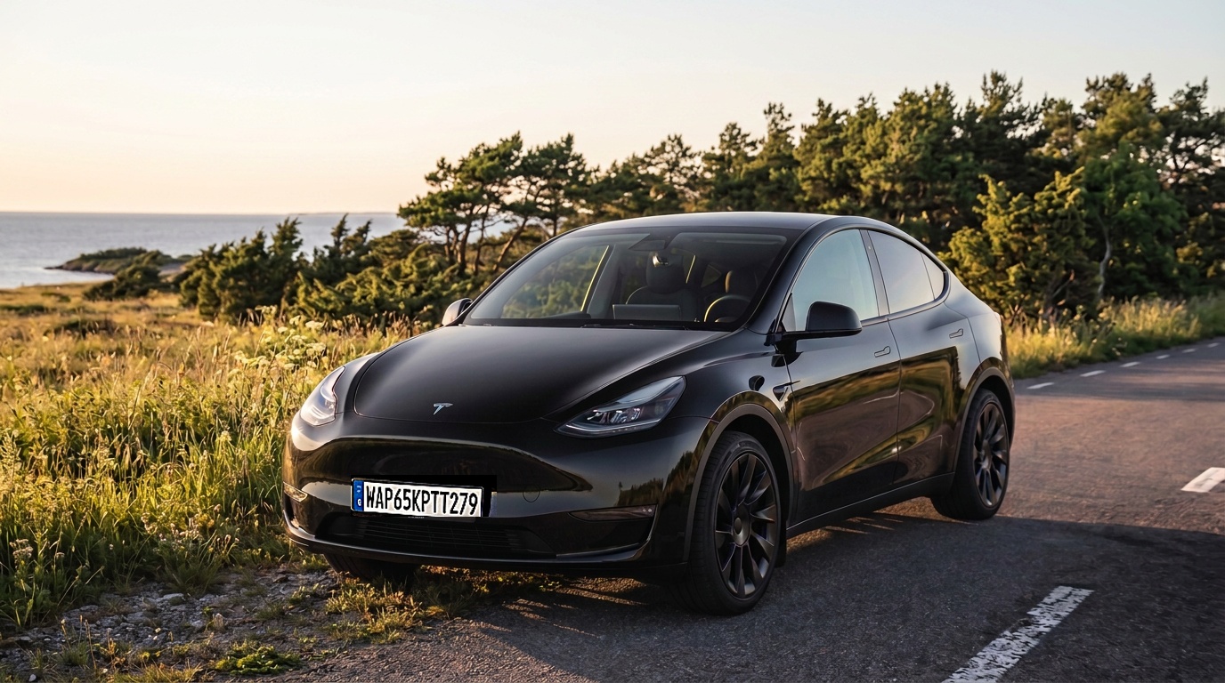 Black Tesla Model Y on a Swedish coastal road in summer evening light