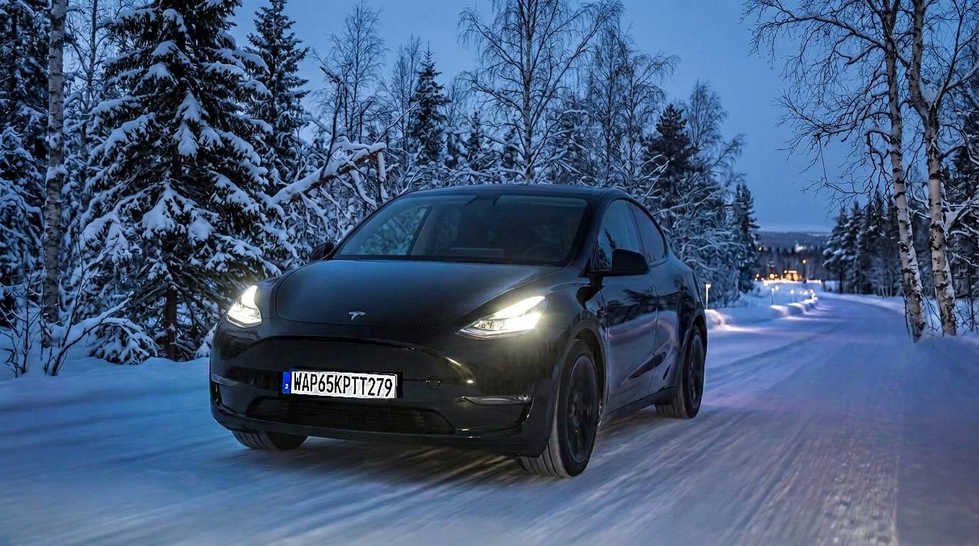 Black Tesla Model Y driving on a snowy Nordic road in blue winter light